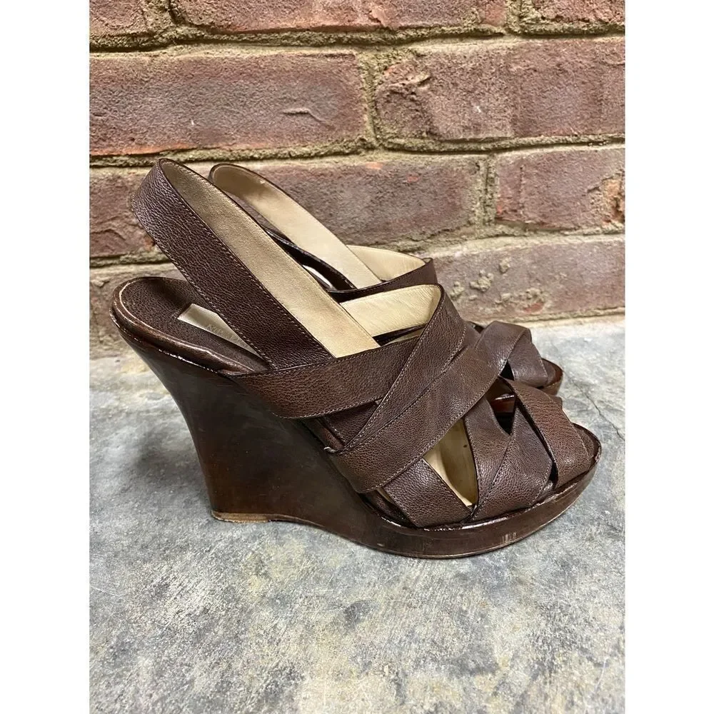 Michael Kors Brown Leather Strappy Platform Wedge Sandal Size 7